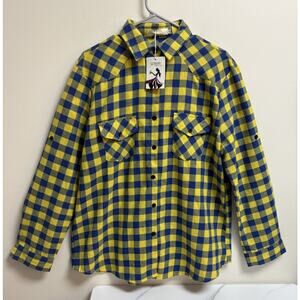 Genhoo Women’s Blue Yellow Buffalo Check Button‎ Front Shirt Long Sleeve Size XL